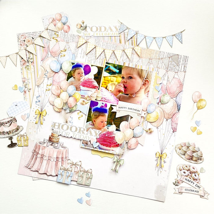 49 and Market Confetti Moments All-In-One Kit elements showing watercolor illustrations of party banners, balloons, rose bouquets, golden frames, champagne glasses, and gift boxes.
