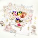 49 and Market Confetti Moments All-In-One Kit elements showing watercolor illustrations of party banners, balloons, rose bouquets, golden frames, champagne glasses, and gift boxes.