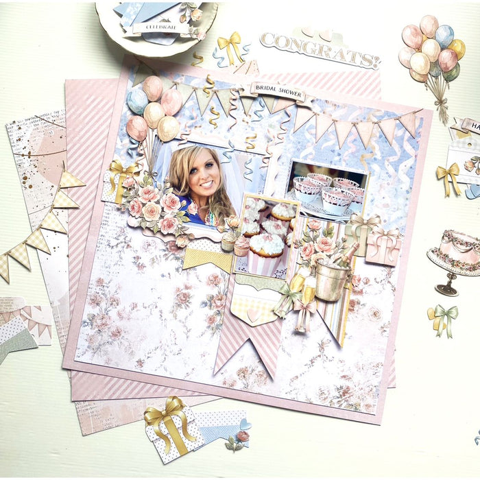 49 and Market Confetti Moments All-In-One Kit elements showing watercolor illustrations of party banners, balloons, rose bouquets, golden frames, champagne glasses, and gift boxes.