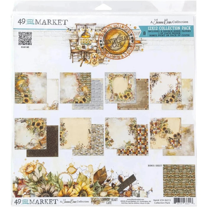 Country Heart are Collection Pack 12x12 , full pack overview showing all 8 papers, sunflower/brick/floral designs, and the bonus sheet