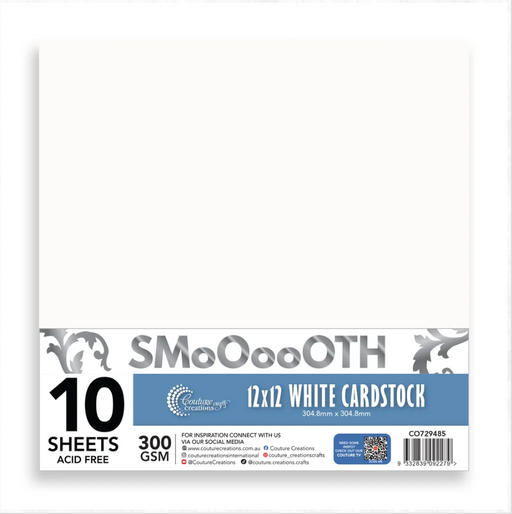 Couture Creations Smooth White Cardstock. A package of 10 sheets of SmoOooOTH 12x12 white cardstock, featuring a white sheet at the top and a blue and white label at the bottom with product details.