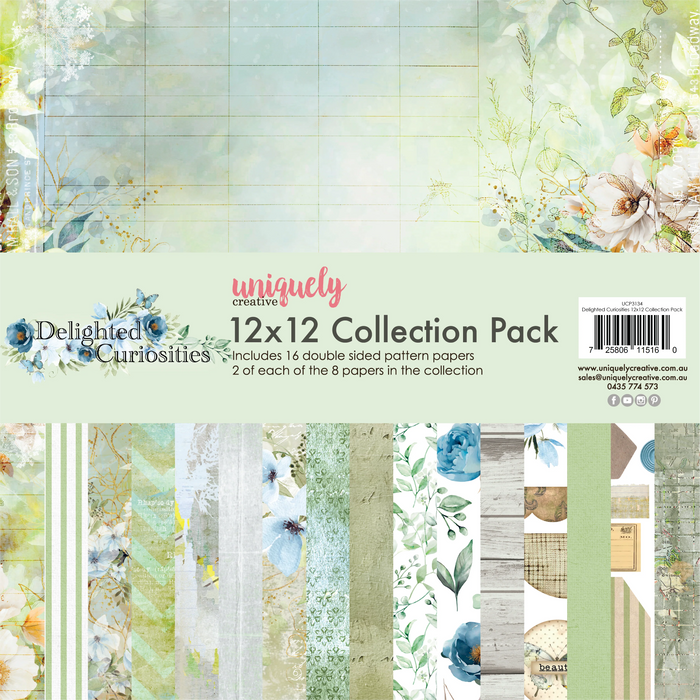 Uniquely Creative Delighted Curiosities 12x12 Collection Pack showing pack front with watercolour floral artwork and fanned display of 8 double-sided paper designs featuring blooms, foliage, and nature textures in sage green, soft white, muted teal, dusty blue, and warm grey