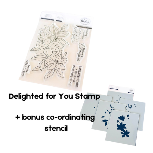Pinkfresh Studio Delighted for You clear photopolymer stamp set featuring a lily floral cluster and sentiments, displayed alongside the bonus co-ordinating layering stencils.