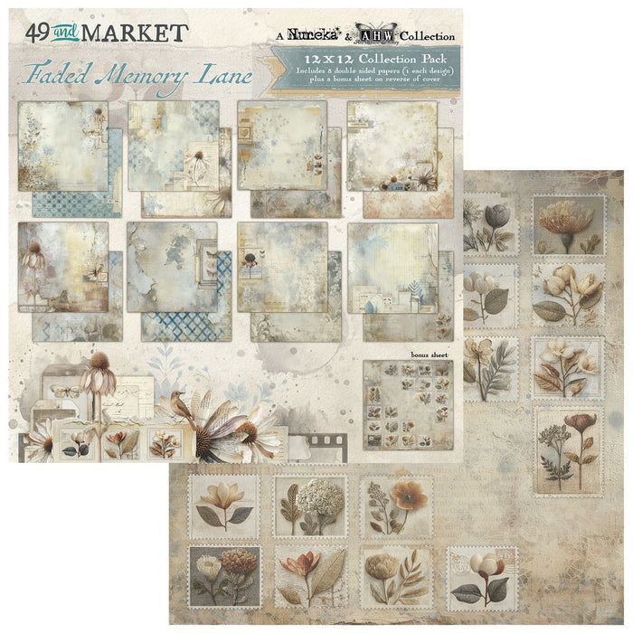 49 and Market Faded Memory Lane 12x12 inch collection pack cover showing previews of eight double-sided vintage floral and blue textured papers.