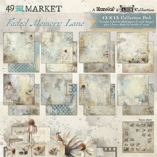 49 and Market Faded Memory Lane 12x12 inch collection pack cover showing previews of eight double-sided vintage floral and blue textured papers.