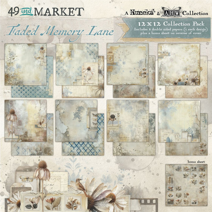 49 and Market Faded Memory Lane 12x12 inch collection pack cover showing previews of eight double-sided vintage floral and blue textured papers.