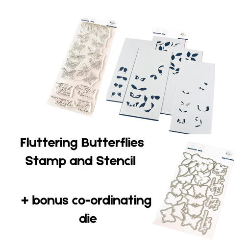 The Pinkfresh Studio Fluttering Butterflies clear photopolymer stamp set, the slimline layering stencil pack, and the bonus co-ordinating metal die kit displayed together.