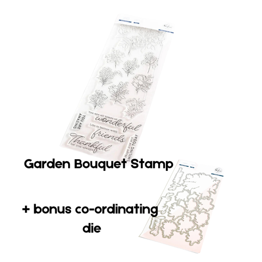 The Pinkfresh Studio Garden Bouquet clear photopolymer stamp set featuring various botanical stems and sentiments, displayed alongside the bonus co-ordinating metal die kit.

