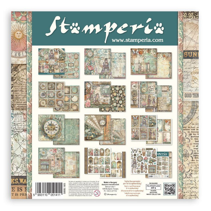 Stamperia Gardens of Time 12x12 inch paper pad cover by Antonis Tzanidakis, showcasing steampunk characters, vintage clocks, steam trains, and pink flowers.