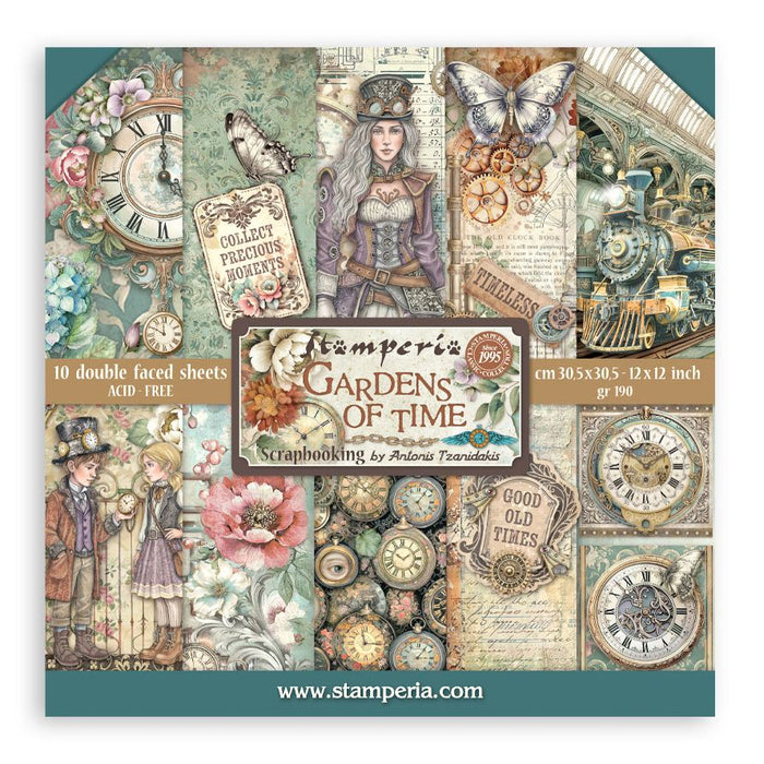 Stamperia Gardens of Time 12x12 inch paper pad cover by Antonis Tzanidakis, showcasing steampunk characters, vintage clocks, steam trains, and pink flowers.