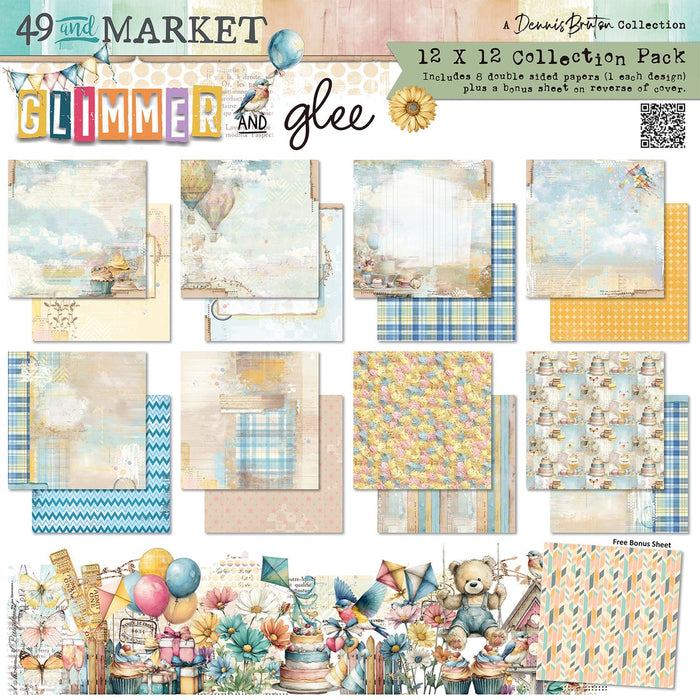 49 and Market Glimmer and Glee 12x12 inch collection pack cover showing previews of eight whimsical, bright double-sided papers featuring kites, balloons, and a geometric chevron bonus pattern sheet.
