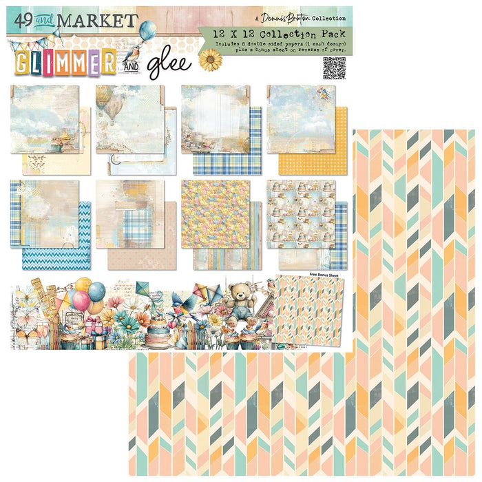 49 and Market Glimmer and Glee 12x12 inch collection pack cover showing previews of eight whimsical, bright double-sided papers featuring kites, balloons, and a geometric chevron bonus pattern sheet.