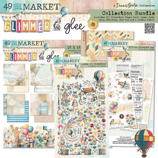 49 and Market Glimmer and Glee Collection Bundle preview displaying the 12x12 paper pack, four sheets of laser cut elements, rub-on transfers, cello stickers, and a hot air balloon embroidered patch.