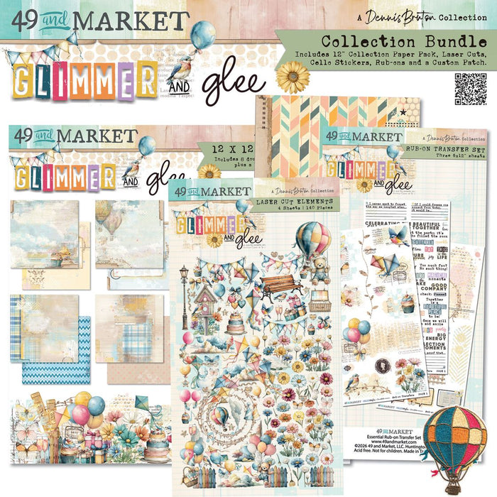 49 and Market Glimmer and Glee Collection Bundle preview displaying the 12x12 paper pack, four sheets of laser cut elements, rub-on transfers, cello stickers, and a hot air balloon embroidered patch.