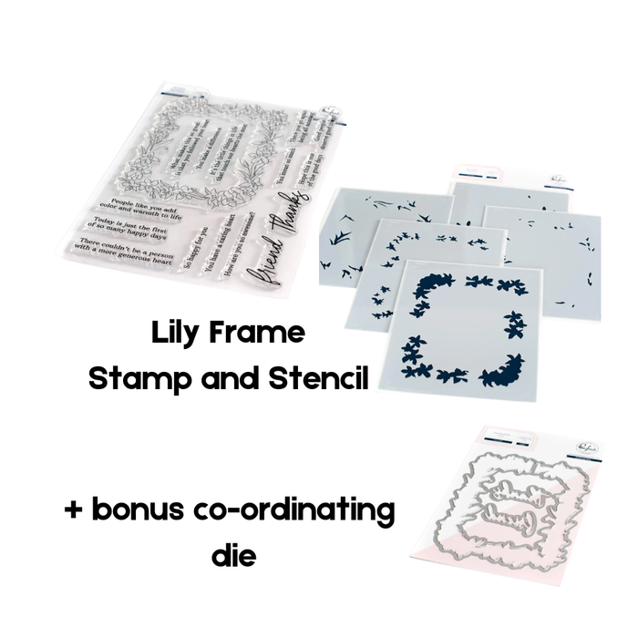 The Pinkfresh Studio Lily Frame clear photopolymer stamp set, the multi-piece layering stencil system, and the bonus co-ordinating metal die set displayed together on a white background.
