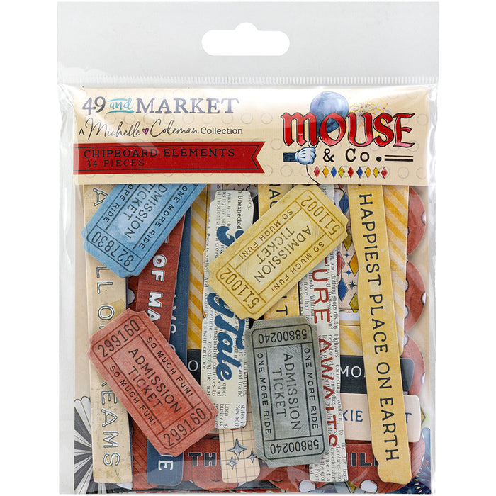 49 & Market Mouse & Co 34-piece chipboard embellishment set for scrapbooking and paper crafts