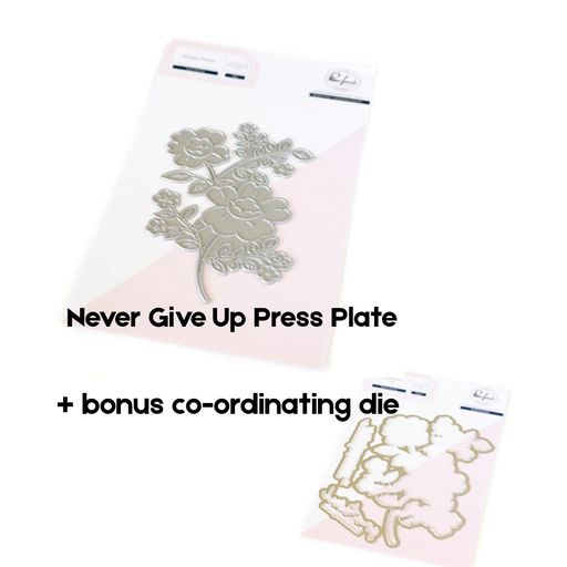 Product graphic showing the Pinkfresh Studio Never Give Up floral press plate with its matching multi-piece co-ordinating metal cutting die as a discounted clearance bundle.
