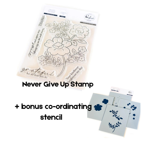 Product graphic showing the Pinkfresh Studio Never Give Up clear photopolymer stamp set alongside its matching 4-piece co-ordinating layering stencil set as a discounted clearance bundle.