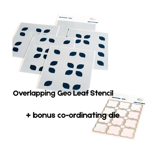 Pinkfresh Studio Overlapping Geo Leaf layering stencils alongside its coordinating metal background cutting die as a bonus bundle.