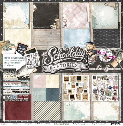 Collection of scrapbooking papers and elements with 'Schoolday Stories' branding.