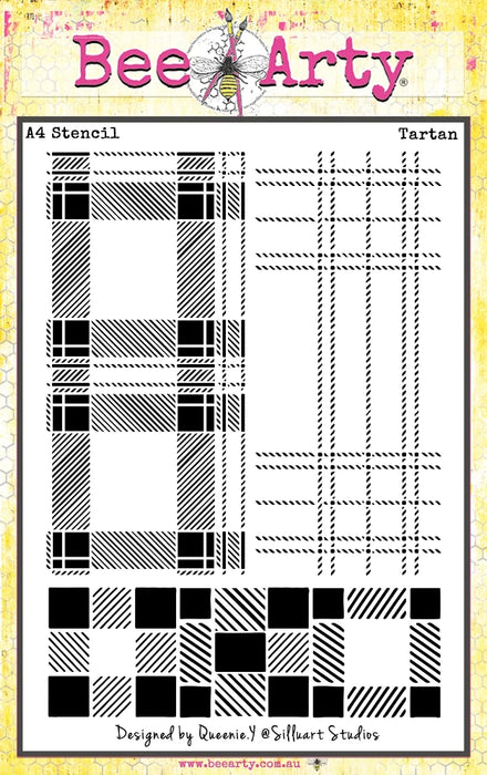 "Bee Arty Tartan Stencil - Schoolday Stories geometric pattern for cards, scrapbooking and mixed media.