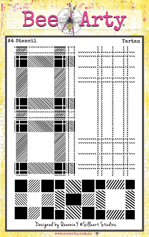 "Bee Arty Tartan Stencil - Schoolday Stories geometric pattern for cards, scrapbooking and mixed media.