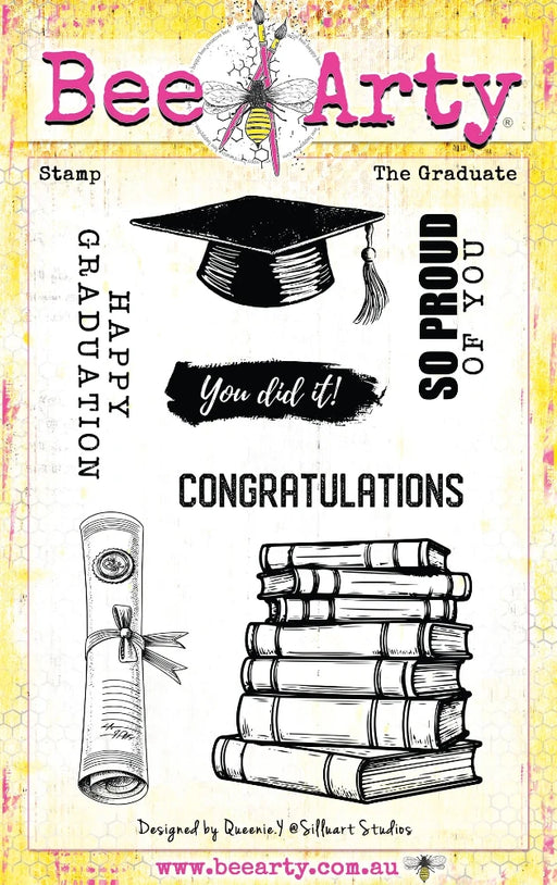 Bee Arty The Graduate stamp set – 7 graduation stamps including mortarboard, diploma, books and celebration sentiments