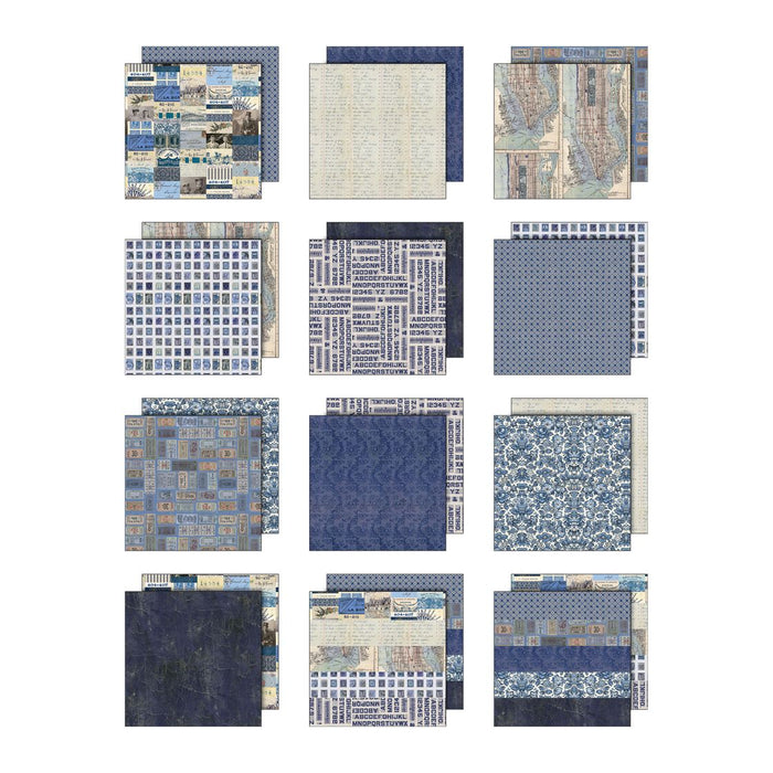 Tim Holtz Idea-ology Palette Collection Indigo 12x12 inch paper pad cover showing a grid preview of vintage blue maps, floral patterns, and typography sheets.