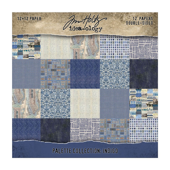 Tim Holtz Idea-ology Palette Collection Indigo 12x12 inch paper pad cover showing a grid preview of vintage blue maps, floral patterns, and typography sheets.