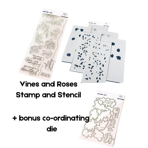 The Pinkfresh Studio Vines and Roses clear photopolymer stamp set, the slimline layering stencil sheets, and the bonus co-ordinating metal die set displayed together.
