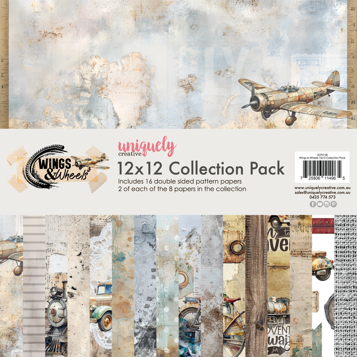 Uniquely Creative Wings and Wheels 12x12 Collection Pack showing pack front with vintage plane artwork and fanned display of 8 double-sided paper designs featuring planes, trains, trucks and bicycles in muted cream, dusty blue, sage green, taupe and ochre tones