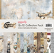 Uniquely Creative Wings and Wheels 12x12 Collection Pack showing pack front with vintage plane artwork and fanned display of 8 double-sided paper designs featuring planes, trains, trucks and bicycles in muted cream, dusty blue, sage green, taupe and ochre tones